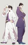  2boys black_hair coat cosplay costume_switch crossed_arms diamond_wa_kudakenai gakuran haruko_(chikadoh) hat hat_removed headwear_removed heart higashikata_josuke higashikata_josuke_(cosplay) holding holding_clothes holding_hat jojo_no_kimyou_na_bouken kujo_jotaro kujo_jotaro_(cosplay) long_coat male_focus multiple_boys peace_symbol pompadour school_uniform sweat white_coat 