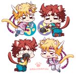  4boys :p animal_ears backpack bag battle_tendency blonde_hair brown_hair caesar_anthonio_zeppeli cat_ears cat_tail cup dual_persona facial_mark feather_hair_ornament feathers fingerless_gloves gloves hair_ornament jacket jojo_no_kimyou_na_bouken joseph_joestar joseph_joestar_(young) kemonomimi_mode male_focus mask mask_removed micken multiple_boys official_alternate_costume paw_print pouring purple_jacket ribbon tail tears tongue tongue_out upside-down 