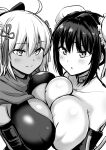  2girls ahoge arm_guards bangs bow breast_press breasts dark-skinned_female dark_skin double_bun eyebrows_visible_through_hair fate/grand_order fate_(series) greyscale hair_bow hair_tassel highres kanno_takanori large_breasts looking_at_viewer monochrome multiple_girls okita_souji_(alter)_(fate) okita_souji_(fate) qin_liangyu_(fate) scarf short_hair smile symmetrical_docking 