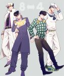  4boys adjusting_clothes adjusting_headwear black_hair coat cosplay costume_switch diamond_wa_kudakenai fishnet_top fishnets gakuran haruko_(chikadoh) hat heart higashikata_josuke higashikata_josuke_(cosplay) jojo_no_kimyou_na_bouken jojolion kira_yoshikage_(jojolion) kira_yoshikage_(jojolion)_(cosplay) kujo_josefumi kujo_josefumi_(cosplay) kujo_jotaro kujo_jotaro_(cosplay) long_coat look-alike male_focus multicolored_hair multiple_boys namesake peace_symbol pompadour sailor sailor_hat school_uniform shoes sneakers turtleneck two-tone_hair undercut vest white_coat 