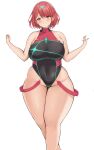  1girl absurdres bangs bare_arms bare_shoulders blush breasts closed_mouth covered_navel curvy eyebrows_visible_through_hair hair_ornament hands_up highres large_breasts leotard looking_at_viewer neneneji plump pyra_(pro_swimmer)_(xenoblade) pyra_(xenoblade) red_eyes red_hair short_hair simple_background smile solo standing thick_thighs thighs white_background xenoblade_chronicles_(series) xenoblade_chronicles_2 