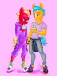  anthro anthrofied blush clothing drinking duo earth_pony equid equine eyebrows fingers green_eyes gum-gribbs hasbro hitch_trailblazer_(mlp) holding_object horse looking_at_another male mammal milkshake mlp_g5 my_little_pony orange_eyes pink_background pony red_body signature simple_background sprout_cloverleaf_(mlp) yellow_body 