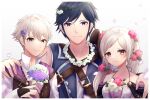  1girl 2boys blue_hair bouquet chrom_(fire_emblem) dual_persona fire_emblem fire_emblem_awakening fire_emblem_heroes flower flower_necklace hair_flower hair_ornament hand_on_another&#039;s_shoulder head_wreath highres jewelry looking_at_viewer multiple_boys necklace official_alternate_costume reia_hana robin_(fire_emblem) robin_(fire_emblem)_(female) robin_(fire_emblem)_(male) short_hair silver_hair smile twintails upper_body 
