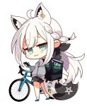  1girl 7:08 :3 absurdres ahoge animal_ear_fluff animal_ears backpack bag bangs bicycle black_bow black_shorts blush bow braid cellphone chibi commentary_request earrings extra_ears eyebrows_visible_through_hair fox_ears fox_girl fox_tail green_eyes grey_jacket ground_vehicle hair_between_eyes hair_bow highres holding holding_phone hololive jacket jewelry long_hair looking_at_viewer looking_back pentagram phone shirakami_fubuki short_shorts shorts sidelocks simple_background single_braid smartphone solo sukonbu_(shirakami_fubuki) tail uber_eats virtual_youtuber white_background white_hair 