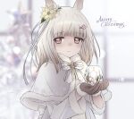  1girl animal_ears artist_name blurry blurry_background blush bow bowtie brown_gloves brown_hair candle capelet closed_mouth dated fire flower gloves hair_flower hair_ornament hairclip happy_meek_(umamusume) highres holding holding_candle horse_ears long_sleeves looking_at_viewer medium_hair merry_christmas nose_blush puzzle157xxx smile snow solo striped striped_bow striped_bowtie twitter_username umamusume upper_body white_bow white_bowtie 