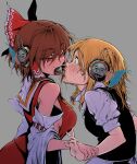  2girls absurdres bangs black_vest blonde_hair bow braid breasts brown_hair bug commentary_request cookie_(touhou) detached_sleeves dutch_angle frilled_bow frilled_hair_tubes frills grey_background hair_bow hair_tubes hakurei_reimu headphones highres holding_another&#039;s_wrist kirisame_marisa long_hair looking_at_another manatsu_no_yo_no_inmu medium_breasts multiple_girls open_mouth purple_bow real_life red_bow red_eyes red_shirt red_skirt reu_(cookie) ribbon-trimmed_sleeves ribbon_trim shirt short_hair_with_long_locks side_braid sideboob simple_background single_braid site_supervisor skirt sleeveless sleeveless_shirt toteraba touhou uzuki_(cookie) vest vomit white_shirt white_sleeves you_the_rock 