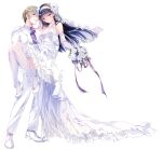  1boy 1girl absurdres bangs bare_shoulders black_hair blonde_hair blush bouquet breasts bridal_veil carrying cleavage commentary_request dress elbow_gloves eyebrows_visible_through_hair garter_belt gloves hair_between_eyes hairband high_heels highres holding holding_bouquet jacket kobayashi_chisato long_hair looking_at_viewer medium_breasts necktie original pants princess_carry purple_necktie shirt short_hair simple_background smile swept_bangs thighhighs tuxedo veil wedding_dress white_background white_dress white_footwear white_gloves white_jacket white_legwear white_pants white_shirt yellow_eyes 