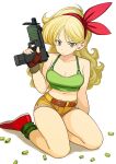  1girl absurdres bangs blonde_hair breasts cleavage commentary_request curly_hair dragon_ball dragon_ball_(classic) fingerless_gloves full_body gloves gun hair_ribbon hairband highres long_hair looking_at_viewer lunch_(dragon_ball) navel ribbon rokoido12 solo weapon 