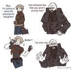  2boys bald beard belt bitores_mendez black_shirt blonde_hair bomber_jacket buttons capelet closed_eyes coat denim double-breasted facial_hair fingerless_gloves gloves high_collar highres holster jacket jeans leon_s._kennedy liver_spots long_beard maddie_(othatsraspberry) meme multiple_boys overcoat pants resident_evil resident_evil_4 scowl shirt shoulder_holster smile yas_bitch_slay_(meme) 