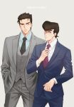  2boys adjusting_clothes adjusting_necktie alternate_costume argyle_necktie diamond_wa_kudakenai earrings formal hands_in_pockets haruko_(chikadoh) higashikata_josuke jewelry jojo_no_kimyou_na_bouken kujo_jotaro multiple_boys necktie pompadour suit sweatdrop three-piece_suit vest waistcoat 