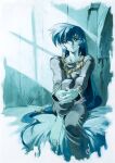  1girl bangs barefoot blue_eyes blue_hair blue_theme highres interlocked_fingers jewelry knee_up long_hair necklace on_bed original own_hands_together sitting solo tanaka_kunihiko traditional_media very_long_hair 