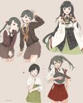  5girls bangs black_hair blush breasts brown_background brown_shorts brown_skirt cleavage closed_eyes detached_sleeves floral_print grey_hair hair_between_eyes hair_ornament hair_ribbon hair_tubes hakama hakama_skirt highres hip_vent japanese_clothes kantai_collection kokko_(014kko) long_hair long_sleeves mikuma_(kancolle) mizuho_(kancolle) mogami_(kancolle) mogami_kai_ni_(kancolle) multiple_girls muneate neckerchief open_mouth pleated_skirt red_ribbon ribbon short_hair shorts sidelocks simple_background skirt smile suspender_shorts suspenders symbol-only_commentary tasuki twintails twitter_username un&#039;you_(kancolle) very_long_hair white_ribbon wide_sleeves yawata_maru_(kancolle) zuikaku_(kancolle) 
