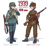  2girls blonde_hair bolt_action brown_hair brown_headwear brown_jacket cigarette closed_mouth full_body german_army green_eyes green_jacket gun hat helmet jacket long_sleeves looking_at_another military military_hat military_jacket military_uniform mp34 multiple_girls original ostwindprojekt polish_army polish_flag rifle shadow simple_background smile standing submachine_gun uniform weapon white_background world_war_ii wz.29 