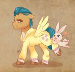  &lt;3 2022 artharuhi blue_hair blue_tail blush brown_eyes clothing cosplay cutie_mark ears_down earth_pony equid equine eyebrows feral fluttershy_(mlp) friendship_is_magic hair happy hasbro hi_res hitch_trailblazer_(mlp) hooves horse lagomorph leporid male mammal mlp_g5 my_little_pony pajamas pivoted_ears pony rabbit signature stitch_(sewing) tan_body unimpressed walking 