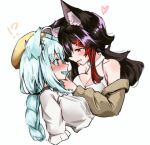  !? 2girls ahoge animal_ear_fluff animal_ears bangs bare_shoulders beige_jacket beret black_hair blush braid braided_ponytail breasts cleavage commentary_request eyebrows_visible_through_hair fox_ears fox_girl green_eyes hair_between_eyes hand_on_another&#039;s_chin hat heart hololive jacket long_hair looking_at_another medium_breasts mooninkyuu multicolored_hair multiple_girls ookami_mio open_clothes open_jacket open_mouth red_hair shirakami_fubuki shirt sidelocks simple_background small_breasts streaked_hair virtual_youtuber wavy_mouth white_background white_hair white_shirt wolf_ears wolf_girl yellow_eyes yellow_headwear yuri 
