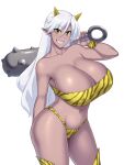  1girl animal_print breasts cleavage curvy grin hair_between_eyes holding holding_weapon horns huge_breasts kawanuma_uotsuri long_hair looking_at_viewer monster_girl navel oni original pointy_ears simple_background smile thighhighs tiger_print weapon weapon_on_back white_background white_hair yellow_eyes 