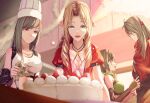  1boy 3girls :d aerith_gainsborough aqua_eyes arm_guards bangs black_sports_bra breasts brown_eyes cake chef_hat detached_sleeves dress drill_hair final_fantasy final_fantasy_vii food fruit hat height_difference icing jacket large_breasts long_hair mirrorclew multiple_girls parted_bangs pastry_bag pink_dress red_eyes red_jacket short_hair smile sports_bra strawberry swept_bangs tank_top tifa_lockhart vincent_valentine white_tank_top yuffie_kisaragi 