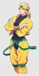  1boy blonde_hair bulge claws crossed_arms crotchless crotchless_pants dio_brando earrings green_nails haruko_(chikadoh) headband jacket jewelry jojo_no_kimyou_na_bouken knee_pads male_focus pants red_eyes solo stardust_crusaders yellow_jacket yellow_pants 