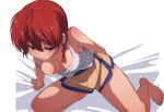  1girl arm_support barefoot blue_eyes braid braided_ponytail breasts cleavage fu-ta hair_between_eyes highres looking_at_viewer medium_breasts off_shoulder ranma-chan ranma_1/2 red_hair saotome_ranma short_hair shorts simple_background solo tank_top thighs toes white_background white_tank_top yellow_shorts 