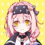  1girl 3: animal_ears arknights artist_name bangs black_bow black_hairband blue_bow blush bow braid cat_ears closed_mouth collar eyebrows_visible_through_hair frown ge_zhong_kuaile goldenglow_(arknights) hair_bow hairband lightning_bolt_print lightning_bolt_symbol looking_at_viewer patterned_background pixiv_id portrait side_braid solo tearing_up tears yellow_background yellow_eyes 