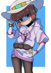  1boy bangs blush_stickers bright_pupils brown_bag brown_eyes brown_hair brown_legwear closed_mouth commentary_request crossdressing hand_on_hip hand_up hat head_tilt highres hood hood_down hooded_jacket jacket lian_(pokemon) male_focus pantyhose pokemon pokemon_(game) pokemon_legends:_arceus purple_jacket short_hair skirt solo uminar white_headwear white_pupils 