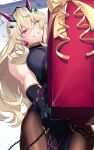  1girl 7dango7 bangs bare_shoulders black_dress black_gloves blonde_hair blue_eyes box breasts brown_legwear dress elbow_gloves fairy_knight_gawain_(fate) fate/grand_order fate_(series) gift gift_box gloves grin heterochromia highres horns large_breasts long_hair looking_at_viewer pantyhose pelvic_curtain red_eyes smile solo thighs 