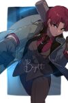  1girl bangs bazett_fraga_mcremitz black_coat black_gloves black_necktie black_pants black_suit blush breasts character_name coat collared_shirt dress_shirt echo_(circa) fate/grand_order fate_(series) gloves grey_coat large_breasts long_sleeves looking_at_viewer manannan_mac_lir_(fate) necktie open_clothes open_coat open_mouth pants parted_bangs punching red_eyes red_hair red_shirt shirt short_hair solo thighs 
