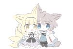  2girls :d :t animal_ear_fluff animal_ears arknights bangs bare_shoulders black_legwear black_skirt blonde_hair blue_eyes blue_hairband blue_shirt braid brown_eyes brown_hair chibi closed_mouth commentary_request cropped_legs eyebrows_visible_through_hair fox_ears fox_girl fox_tail frilled_skirt frills gloves hair_between_eyes hair_rings hairband jacket kitsune multiple_girls nashi_chai1346 open_clothes open_jacket pantyhose pouty_lips purple_skirt shirt simple_background skirt smile sussurro_(arknights) suzuran_(arknights) tail white_background white_gloves white_jacket white_shirt 