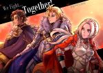  1girl 2boys armor blonde_hair blue_eyes brown_hair cape claude_von_riegan closed_mouth dark_skin dimitri_alexandre_blaiddyd edelgard_von_hresvelg fire_emblem fire_emblem:_three_houses fire_emblem_warriors:_three_hopes gloves green_eyes gzei hair_ornament hair_ribbon highres long_hair long_sleeves multiple_boys multiple_girls purple_eyes red_cape ribbon short_hair smile white_hair 