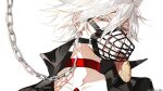 1boy animal_collar bishounen blue_eyes collar earrings fate/apocrypha fate/extella fate/extra fate/extra_ccc fate/grand_order fate_(series) jewelry karna_(fate) looking_at_viewer male_focus muzzle short_hair simple_background solo sqloveraven upper_body white_background white_hair 