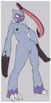  2022 absurd_res anthro black_claws black_nipples black_pussy blush bodily_fluids breasts claws conditional_dnp female forehead_gem fur genitals grey_background grey_body grey_fur hi_res nintendo nipples pok&eacute;mon pok&eacute;mon_(species) pokemon_legends_arceus purple_body purple_fur pussy quin-nsfw red_eyes simple_background sneasler solo sweat video_games 