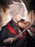  1boy bishounen blue_eyes fate/apocrypha fate/extella fate/extra fate/extra_ccc fate/grand_order fate_(series) feet_out_of_frame highres holding holding_instrument instrument karna_(fate) looking_to_the_side male_focus music playing_instrument solo sqloveraven upper_body vest violin white_hair 