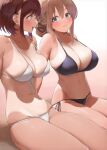  2girls :3 :d arms_behind_back bangs bare_shoulders bikini black_bikini blonde_hair blue_eyes breasts brown_hair cleavage closed_mouth collarbone commentary_request cowboy_shot eyebrows_visible_through_hair front-tie_bikini front-tie_top groin hair_between_eyes kaisen_chuui large_breasts long_hair looking_at_another multiple_girls navel one-piece_tan open_mouth original shadow short_hair side-tie_bikini sidelocks sitting smile stomach swimsuit tan tanlines teeth tied_hair upper_teeth white_background white_bikini 