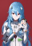  1girl absurdres alternate_hair_length alternate_hairstyle ayanami_rei character_doll highres ikari_shinji junkt729 long_hair looking_at_viewer neon_genesis_evangelion plugsuit red_background red_eyes simple_background 