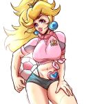  1girl ball black_shorts blonde_hair blue_eyes breasts concept_art crown earrings hand_on_own_thigh heart highres jewelry lipstick looking_at_viewer makeup mario_(series) mario_strikers:_battle_league mickeyn163 midriff pearl_earrings ponytail pose princess_peach royal shirt short_shorts shorts soccer soccer_ball solo sportswear super_mario_strikers tied_shirt 