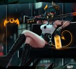  1girl bangs black_gloves blurry blurry_background breasts broken_horn can collar cross_hair_ornament crossed_legs cuffs demon_horns demon_tail earrings ehrrr energy_drink gloves gun hair_between_eyes hair_ornament handcuffs highres holding holding_can horns jewelry long_hair looking_at_viewer mask medium_breasts misery-chan mouth_mask necktie orange_eyes original pentagram shirt sitting skirt sleeveless solo tail weapon white_shirt 