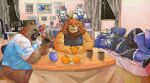  2022 anthro black_nose blue_body bonbonbear book bookshelf bottomwear brown_body canid canine canis clothing detailed_background domestic_dog eyes_closed felid fenrir_(housamo) food fruit furniture group hi_res horkeukamui humanoid_hands inside kemono lifewonders lion lying male mammal night orange_(fruit) overweight overweight_male pantherine plant plushie ross_(rossciaco) shirt shorts sitting tokyo_afterschool_summoners topwear video_games wolf yasuyori 