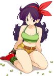  1girl absurdres bangs bare_shoulders breasts bullet cleavage commentary_request curly_hair dragon_ball dragon_ball_(classic) fingerless_gloves full_body gloves hair_ribbon hairband highres long_hair looking_at_viewer lunch_(dragon_ball) medium_breasts midriff navel purple_eyes purple_hair red_footwear red_hairband ribbon rokoido12 shoes shorts simple_background sitting solo white_background yellow_shorts 