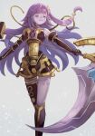  1girl android bangs blunt_bangs closed_eyes duel_monster elbow_gloves feet_out_of_frame floating_hair galatea_the_orcust_automaton gloves hair_ornament holding holding_sword holding_weapon ishii_(young-moon) kneehighs long_hair outstretched_arms purple_hair single_bare_shoulder single_elbow_glove single_kneehigh single_thighhigh smile solo spread_arms sword thighhighs weapon yu-gi-oh! 