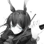  1girl amiya_(arknights) animal_ears arknights ascot bangs blue_eyes closed_mouth grey_theme highres instrument long_sleeves monochrome music playing_instrument rabbit_ears simple_background sketch solo spot_color tou_toutou unfinished upper_body violin white_background 