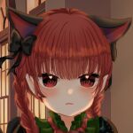 1girl animal_ears ao_orin_ringo bangs black_bow bow braid cat_ears extra_ears eyebrows_visible_through_hair face hair_bow kaenbyou_rin light_frown night outdoors parted_lips pointy_ears portrait raised_eyebrows red_eyes red_hair solo touhou twin_braids twintails 