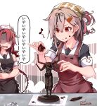  2girls absurdres alternate_hairstyle baileys_(tranquillity650) black_ribbon black_serafuku blonde_hair braid chocolate chocolate_on_face food food_on_face gradient_hair hair_flaps hair_ornament hair_ribbon hairclip highres kantai_collection kawakaze_(kancolle) kawakaze_kai_ni_(kancolle) long_hair multicolored_hair multiple_girls musical_note red_eyes red_hair ribbon school_uniform serafuku smile speech_bubble spoken_musical_note tongue tongue_out translation_request twin_braids very_long_hair yuudachi_(kancolle) yuudachi_kai_ni_(kancolle) 