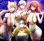  4girls admiral_graf_spee_(azur_lane) alternate_costume animal_costume animal_ears animal_print azur_lane bell black_choker blonde_hair blue_eyes blurry blurry_background breast_rest breasts breasts_apart breasts_on_head choker covered_nipples crossover dunkerque_(azur_lane) eyebrows_visible_through_hair eyes_visible_through_hair fake_animal_ears fireworks grey_hair hair_between_eyes hand_on_own_cheek hand_on_own_face happy_new_year huge_breasts kawakami_mai large_breasts leaning_forward leg_up long_hair looking_at_viewer medium_hair mole mole_under_eye multicolored_hair multiple_girls musaigen_no_phantom_world navel neck_bell new_year one-piece_swimsuit paw_pose ponytail purple_eyes pyra_(xenoblade) red_hair rendezvouz&#039;s_alba short_hair single_thighhigh slingshot_swimsuit string_bikini swimsuit thighhighs tiara tiger_costume tiger_print tiger_stripes two-tone_hair very_long_hair xenoblade_chronicles_(series) xenoblade_chronicles_2 yellow_eyes 
