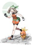  1girl :d absurdres bandana bangs bike_shorts black_legwear brown_hair clenched_hands collared_dress commentary_request dress eyelashes fanny_pack fingerless_gloves gloves green_bag green_bandana green_eyes highres looking_at_viewer may_(pokemon) medium_hair open_mouth orange_dress orange_footwear poke_ball_symbol pokemon pokemon_(creature) pokemon_(game) pokemon_emerald pokemon_rse shoes sleeveless sleeveless_dress smile socks standing teru_zeta tongue torchic walking white_gloves 