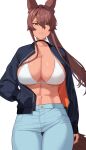  1girl abs animal_ear_fluff animal_ears arm_at_side black_choker blue_pants bra breasts brown_eyes brown_hair buttons choker commentary_request dark-skinned_female dark_skin denim feet_out_of_frame franham hair_between_eyes hand_in_pocket highres jacket jeans large_breasts long_hair looking_at_viewer muscular muscular_female navel open_clothes open_jacket open_mouth original pants parted_lips pocket ponytail revision sidelocks simple_background solo standing stomach teeth thigh_gap underboob underwear unzipped white_background white_bra 