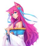  1girl 2020 ahri_(league_of_legends) animal_ear_fluff animal_ears bare_shoulders bell blue_eyes blue_ribbon breasts cleavage closed_mouth commentary eyebrows_behind_hair facial_mark fox_ears fox_girl hair_between_eyes hair_over_shoulder hair_ribbon jingle_bell league_of_legends lips long_hair long_sleeves looking_at_viewer off_shoulder official_alternate_costume pink_hair ribbon signature simple_background solo spirit_blossom_ahri upper_body vmat whisker_markings white_background wide_sleeves 