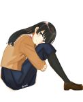  1girl artist_name black_hair highres hugging_own_legs long_hair nanami_touko nyamo pantyhose school_uniform shoes simple_background sitting smile solo yagate_kimi_ni_naru 