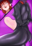  1girl absurdres ahegao bdsm bodysuit dildo earrings hat highres jewelry kirisame_marisa kirisame_marisa_(pc-98) large_insertion latex latex_bodysuit pointy_ears purple_headwear red_hair restrained saotome1027 sex_toy short_hair simple_background skin_tight stomach_bulge tongue tongue_out touhou touhou_(pc-98) witch_hat 