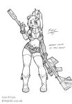  1:1 2009 anthro big_breasts boots bottomwear bra breasts canid canine canis clothed clothing cosplay domestic_dog female fingerless_gloves footwear fyxe gloves handwear holding_object holding_weapon keiron_white looking_at_viewer mammal shorts smile solo standing tengen_toppa_gurren_lagann underwear weapon 