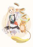  1girl :d abigail_williams_(fate) absurdres alolan_raichu aqua_eyes blonde_hair bloomers border commentary_request crossover eyebrows_visible_through_hair eyelashes fate/grand_order fate_(series) food glowing hand_up happy headdress highres kyojo128 long_sleeves open_mouth pancake plate pokemon pokemon_(creature) short_hair_with_long_locks sidelocks sleeves_past_fingers sleeves_past_wrists smile teeth tongue underwear upper_teeth white_border 
